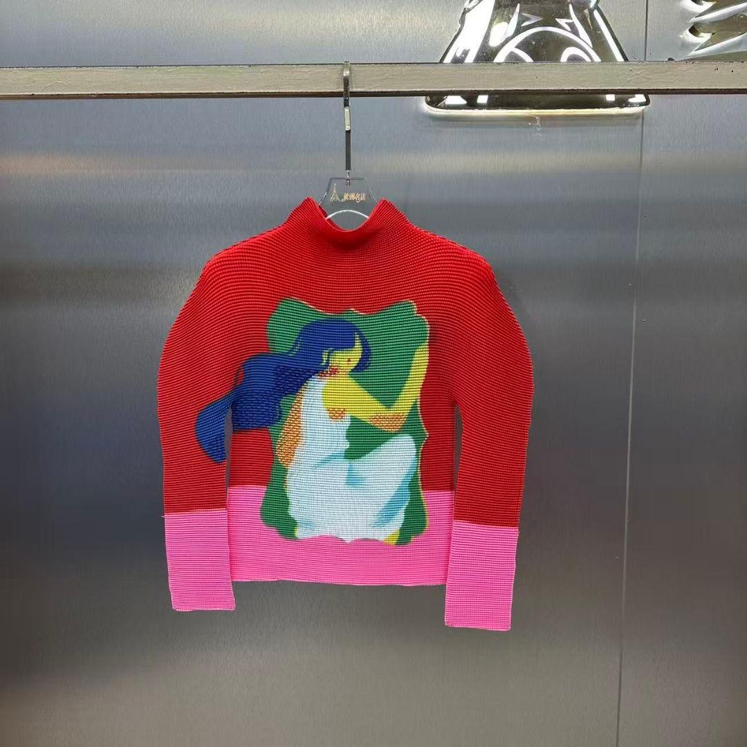 アートプリントプリーツハイネックカットソー　赤