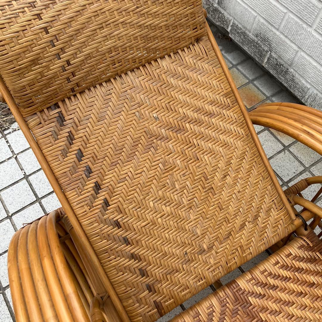 昭和レトロ ラタンリクライニングチェア オットマン付き 籐家具 1人掛けソファー