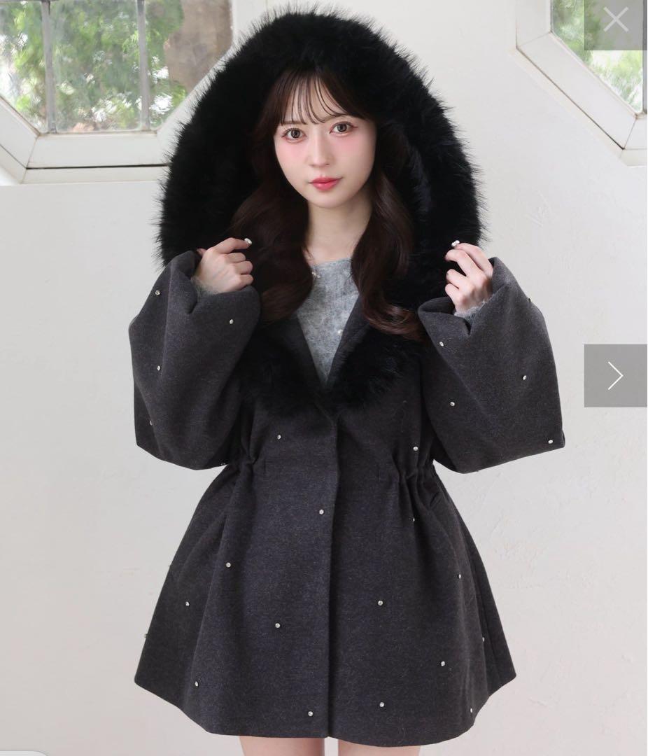 NICE CLAUP ナイスクラップ フードフェイクファービジューミドルコート