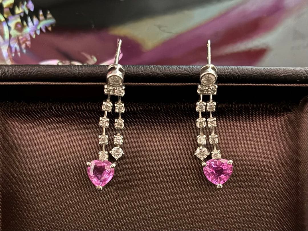 K14WG ピンクストーン ハート型ピアス