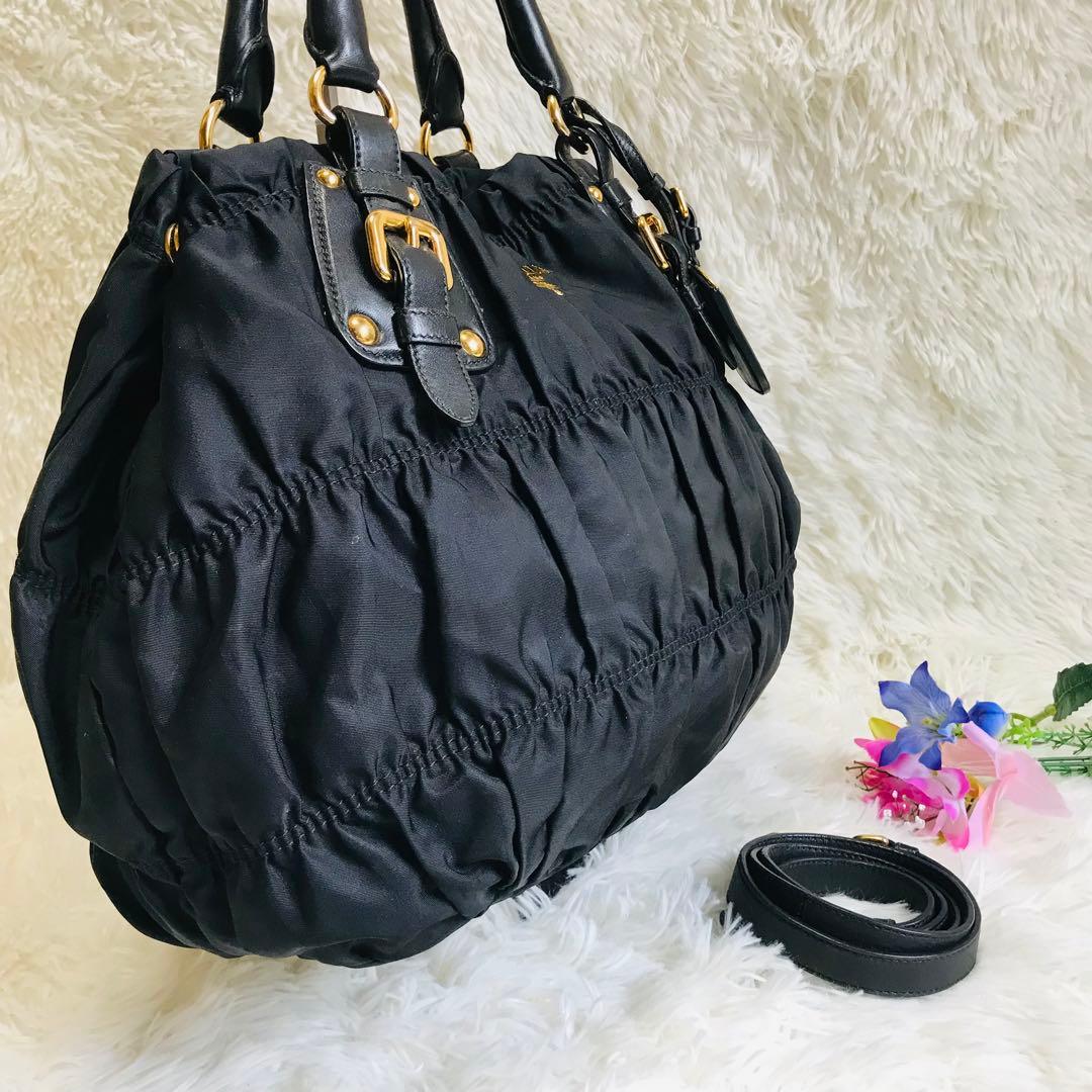 【極美品】プラダ ショルダーバッグ 2 way ギャザー ナイロン ゴールドロゴ