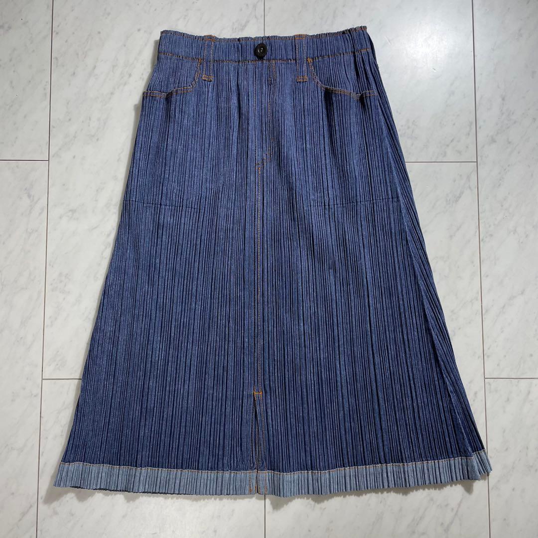 プリーツプリーズ イッセイミヤケ デニム調スカート 膝下丈 ポケット ステッチ