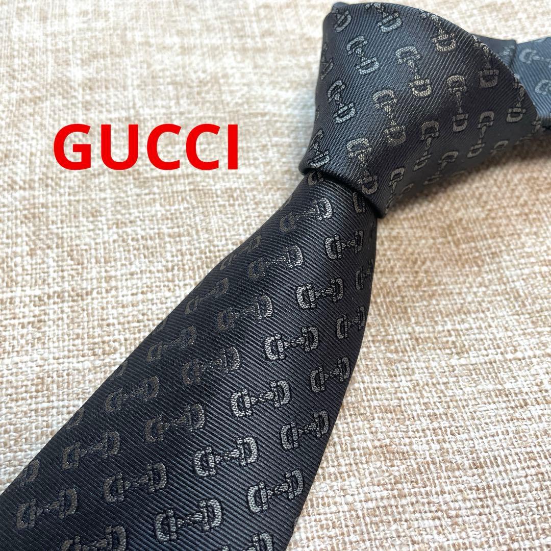 GUCCI チャコールグレー ホースビット 総柄 高級シルクネクタイ