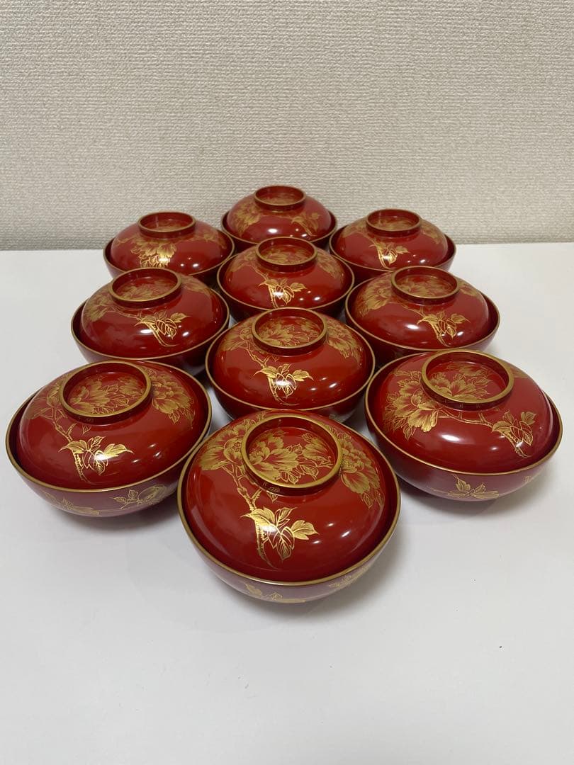 漆器 朱漆 内朱塗 漆器 吸物 懐石椀 煮物椀 10 客 牡丹柄 アンティーク