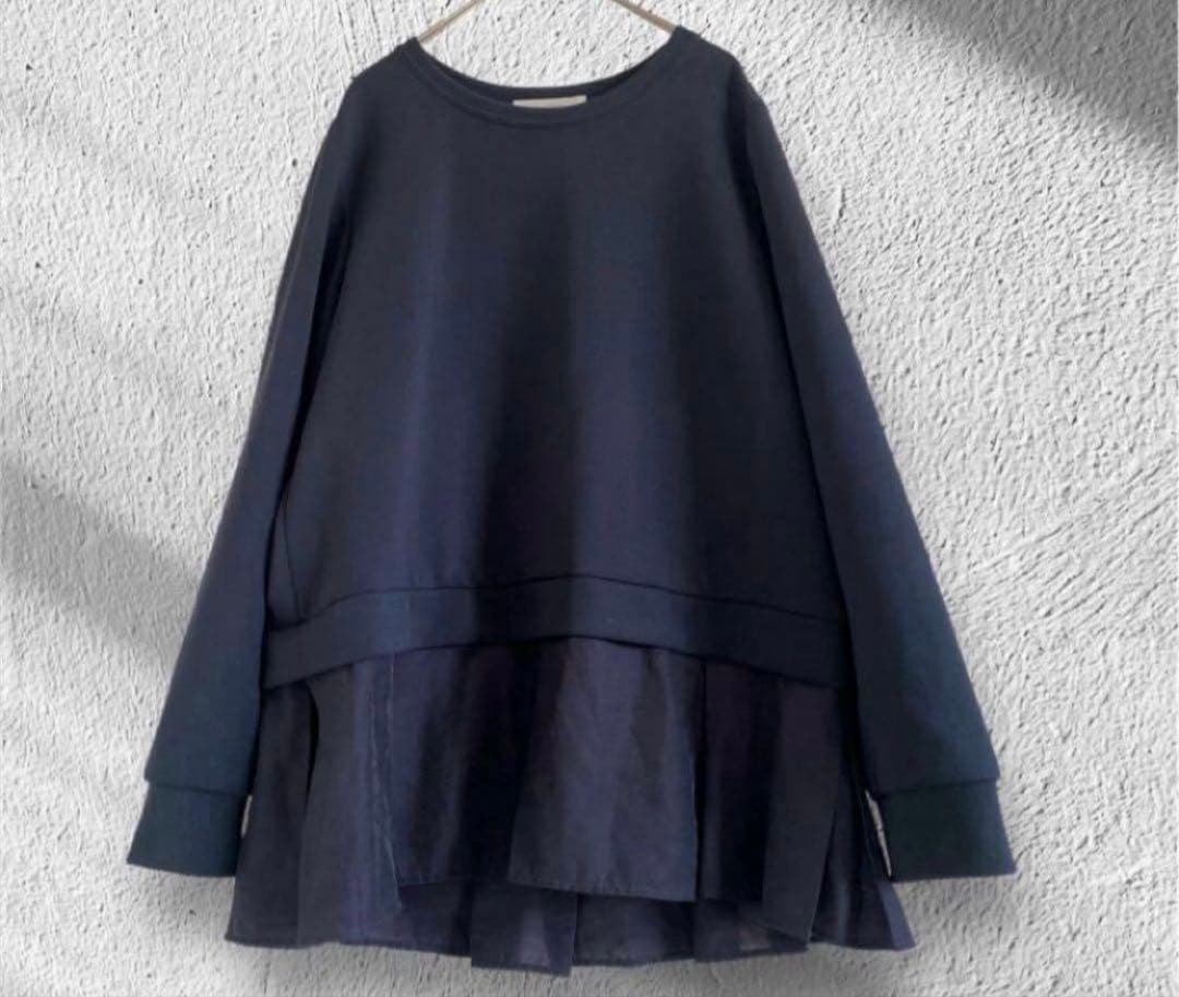 大きいサイズ！レリアンプラスハウス　 長袖カットソー　ネイビー　重ね着デザイン