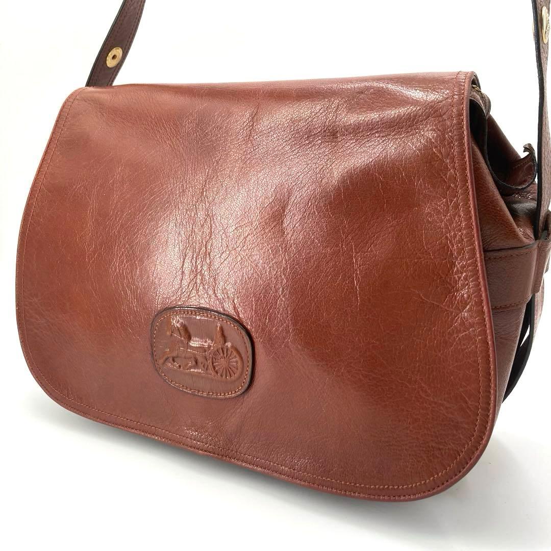 美品✨CELINE セリーヌ ショルダーバッグ 馬車 金具 レザー ブラウン