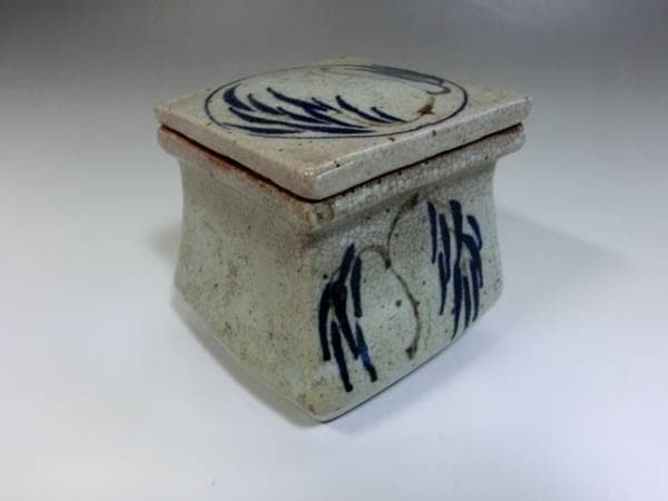 蓋物■柳の絵 古い染付貫入鉢 蓋鉢 四角 時代物 骨董品 古美術■