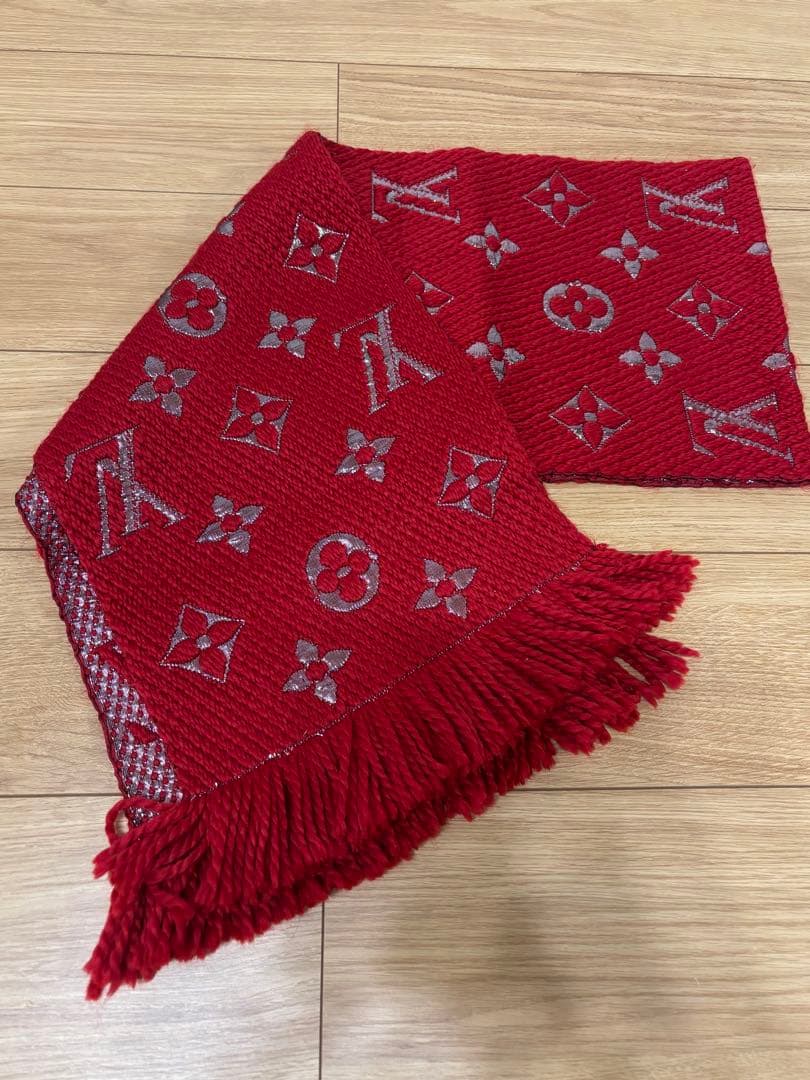 LOUIS VUITTON レッドマフラー ルイビィトン フリンジ ロゴ