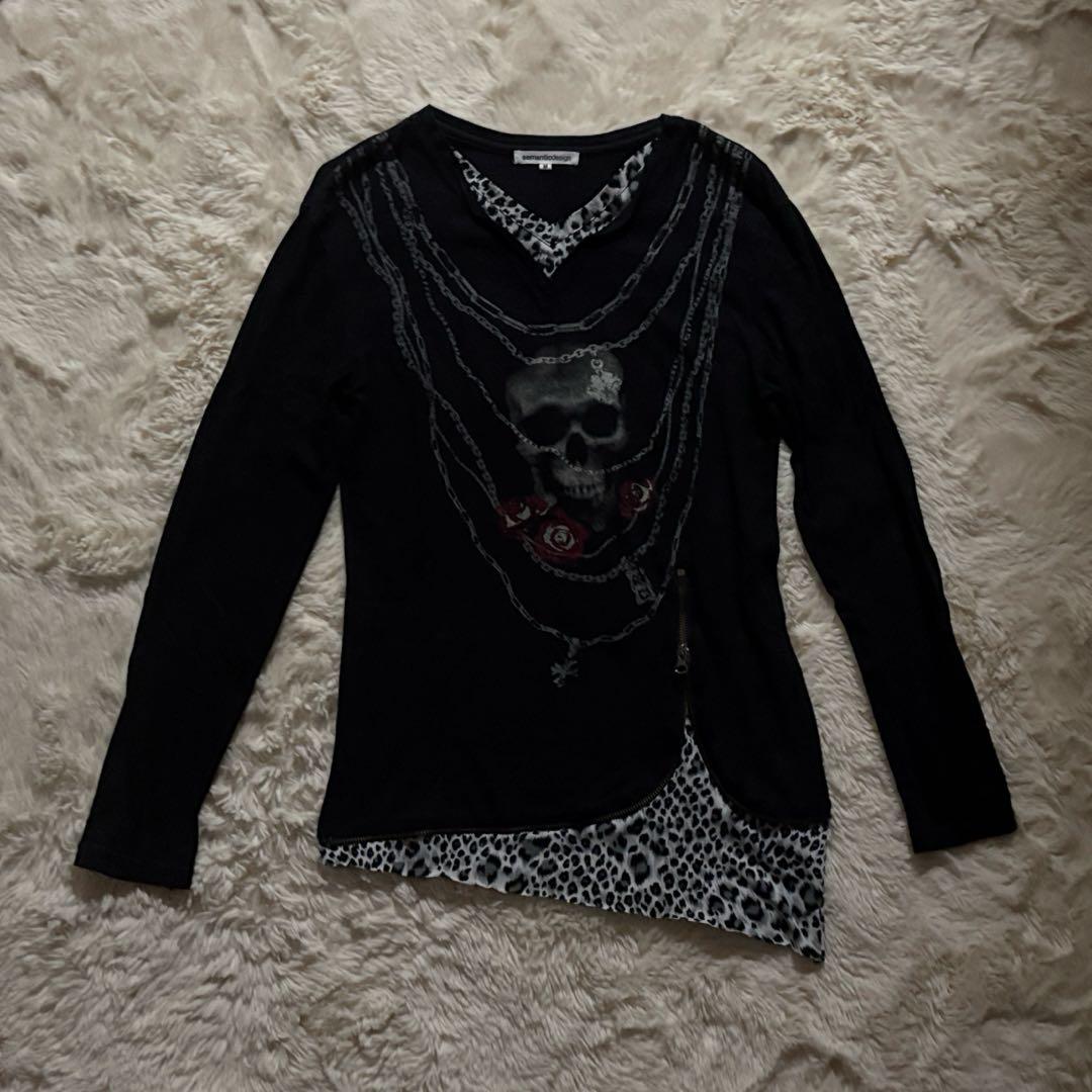 トップス semantic design skull leopard gimmick T