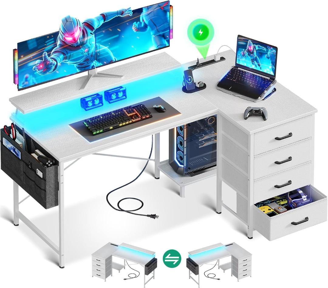 パソコンデスク 幅140 モニター台・LED・コンセント・引き出し付 ホワイト