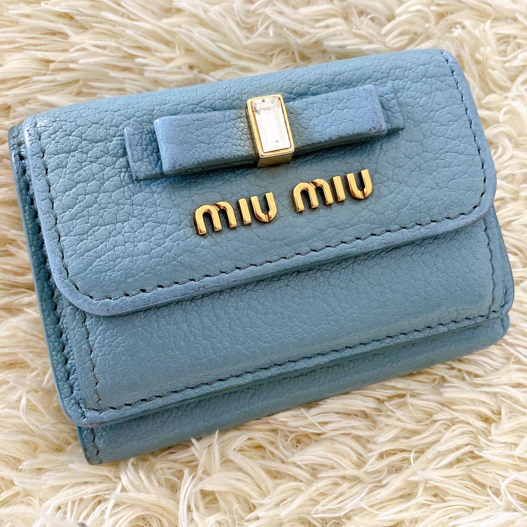 ICチップ認証済✨ミュウミュウ 三つ折り財布 クリスタルマドラス ブルー系