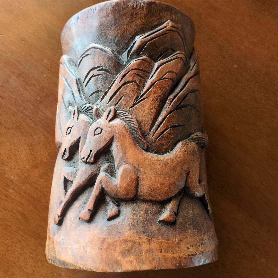 m*a様 ペン立て 筆筒 筆立 筆桶 書道具 竹彫刻 竜鳳 透かし彫り 彫刻 書