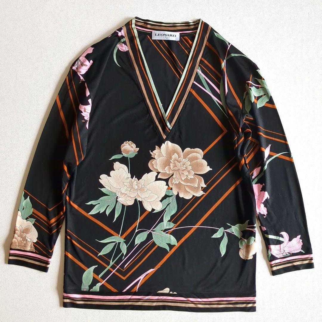 レオナール 長袖カットソー シルク100% 花柄 総柄 Vネック レイヤード