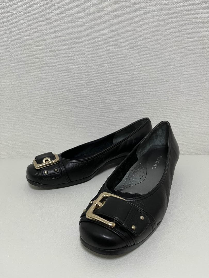 未使用級☆ REGAL ビッグ バックル レザー フラット パンプス 黒 23