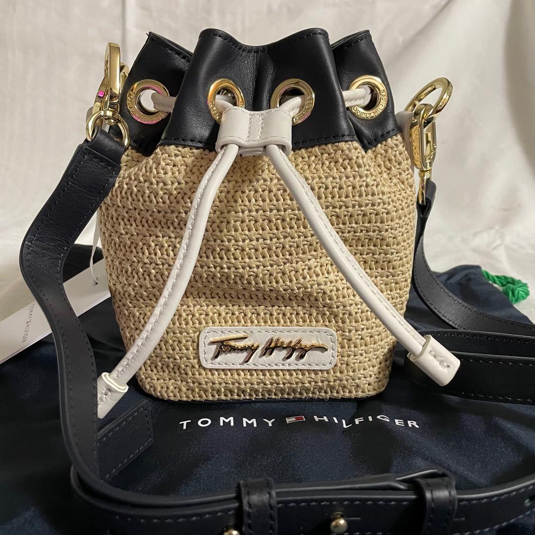 【新品】トミーヒルフィガー　ベージュ　ラフィア　2WAYバッグ　巾着