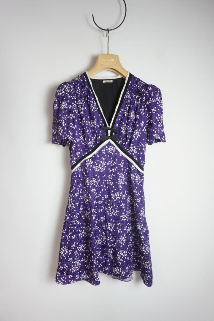 美品19SS MIUMIU ドレス フラワー ワンピース ネイビー1226N▲