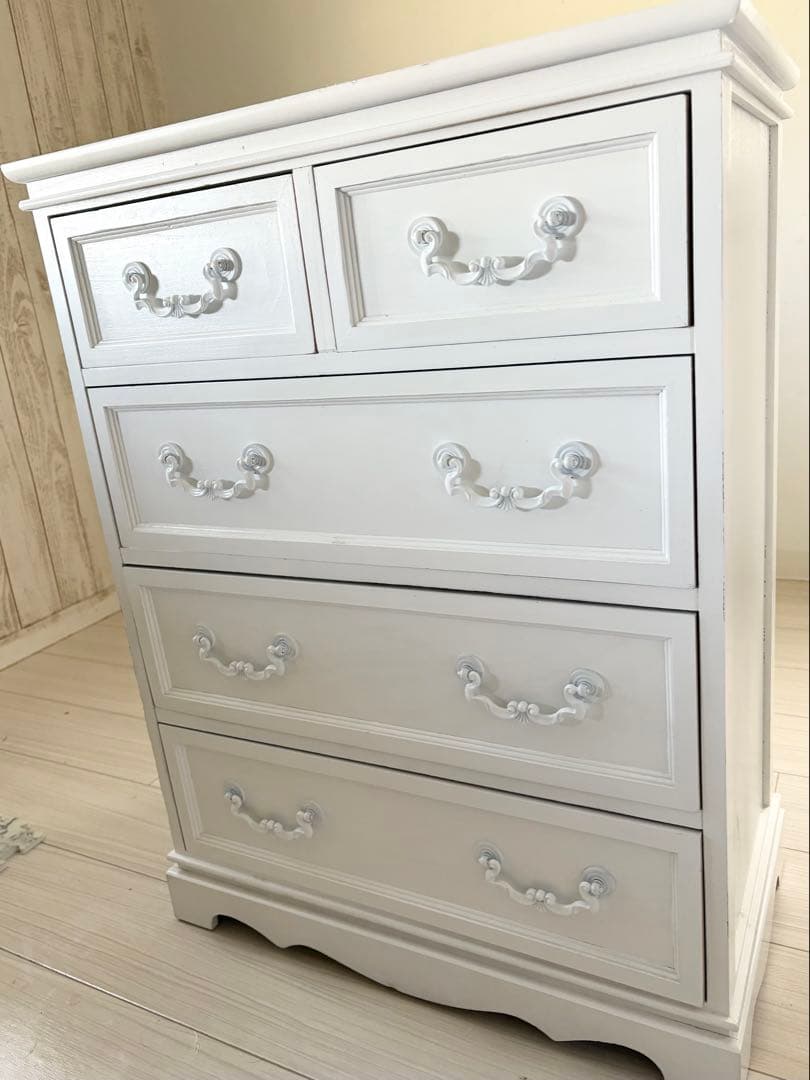 ホワイト 木製姫系チェスト 4段 引き出し付き