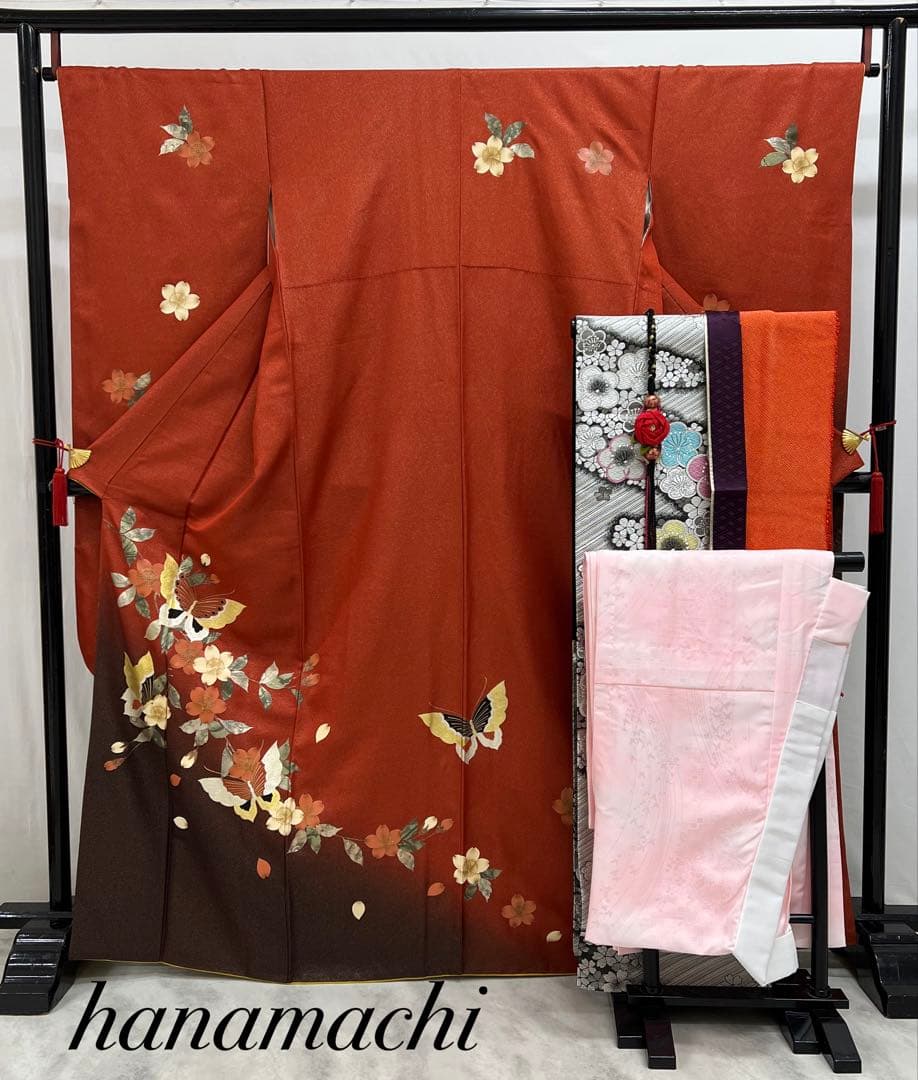 振り袖　フルセット　長襦袢付　成人式　金彩加工　ラメ入り　焼箔　長尺袋帯　712