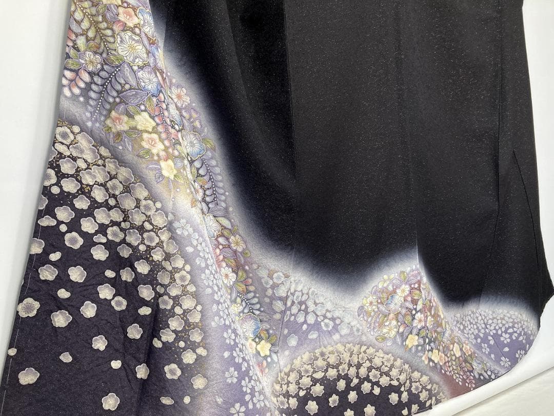 未使用 辻が花 絞り 銀通し 訪問着 正絹 袷 黒 紫 パステルカラー 1373