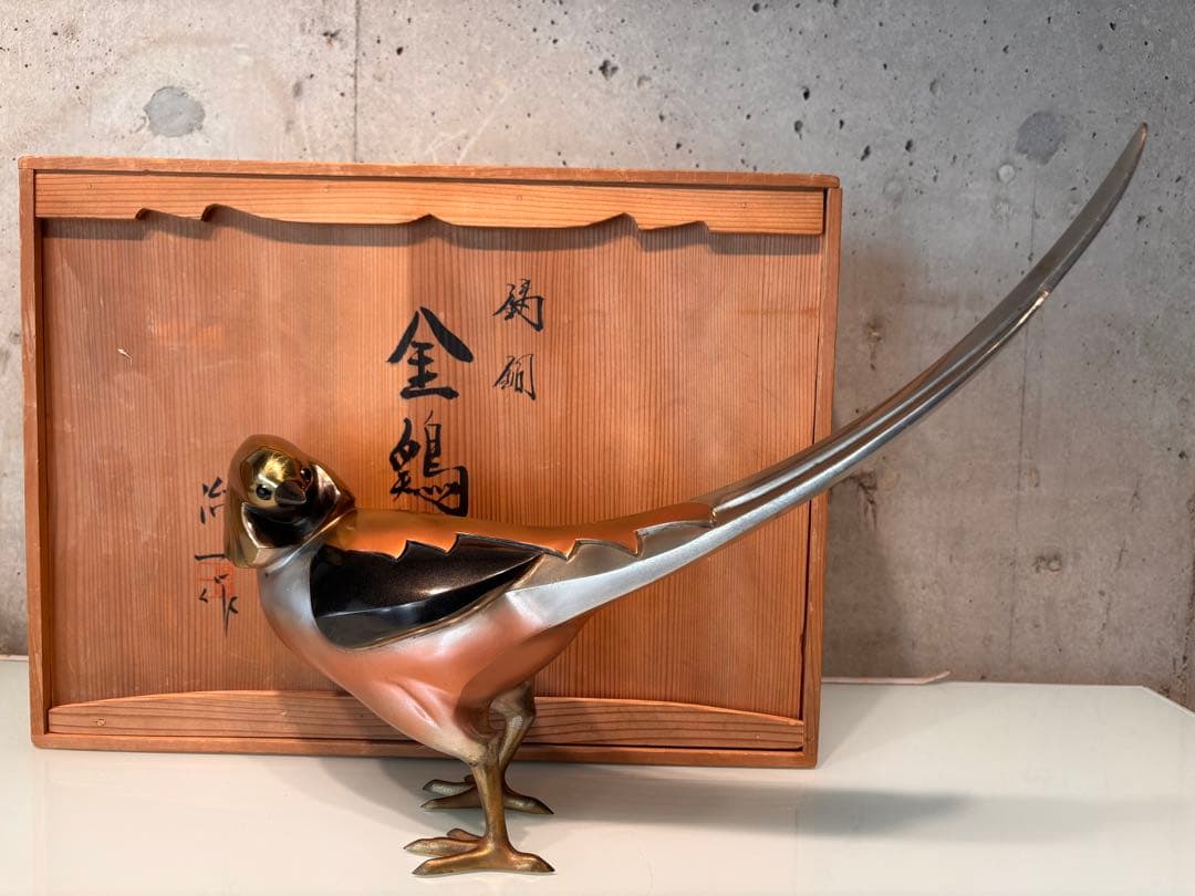 米治一造　銅製　金鶏鳥　置物　共箱