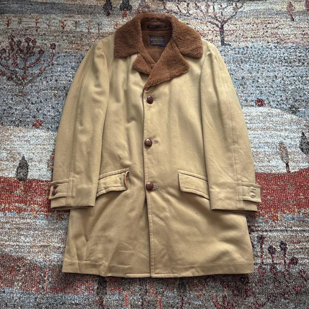 80s ペンドルトン　ウール　コート　ファー　木目ボタン　ビンテージ