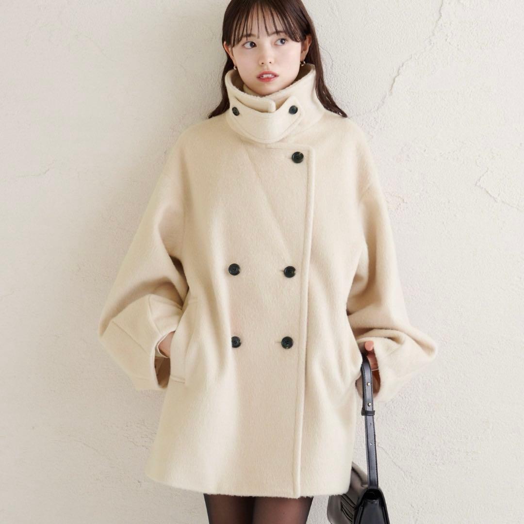 【美品】mystic ウール混シャギーミドルコート アイボリー S 2025AW