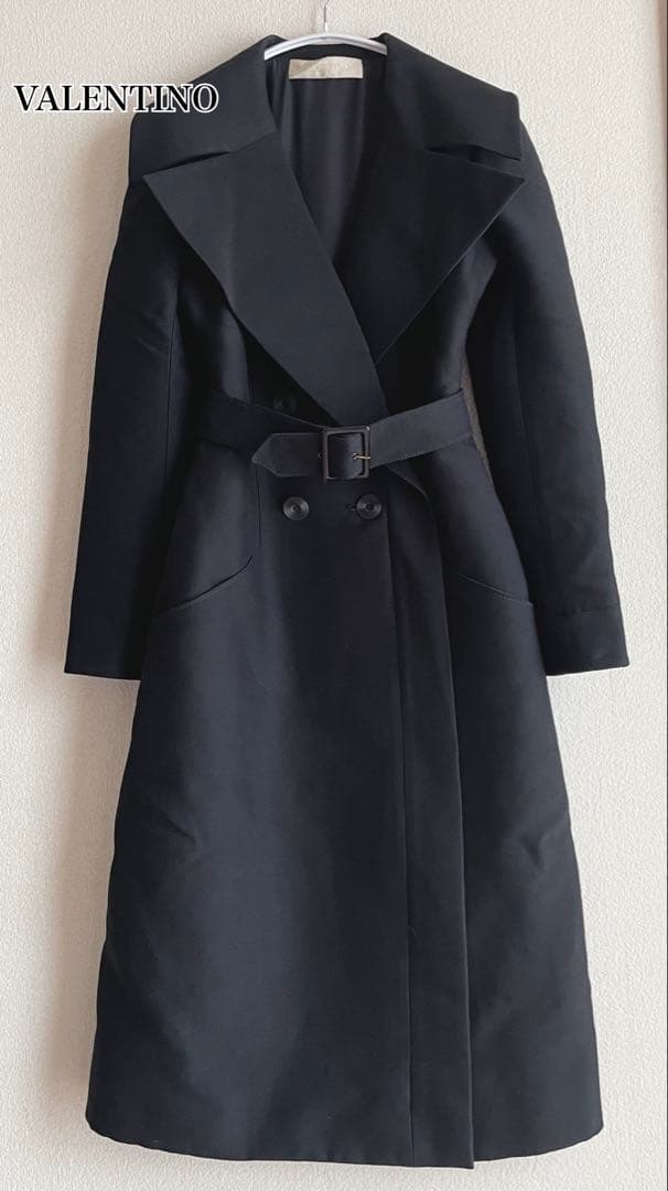 【美品】VALENTINO イタリア製 シルク混ウール ロングコート ブラック